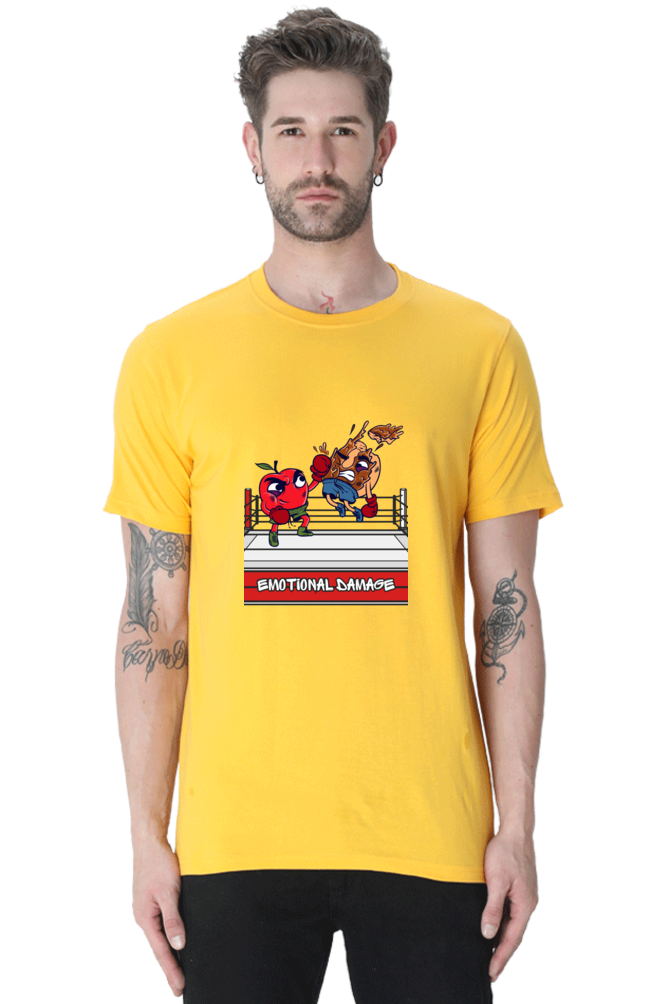 Unisex Classic Half Sleeves T-shirt - Apple Hitting Donut Design