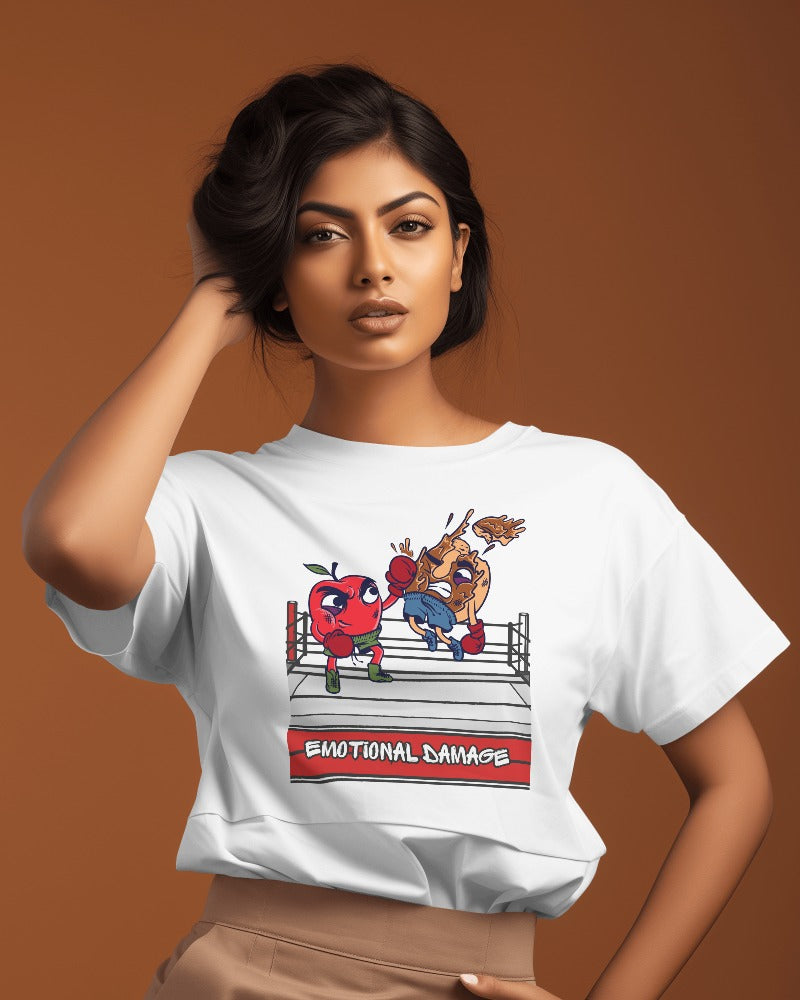 Unisex Classic Half Sleeves T-shirt - Apple Hitting Donut Design