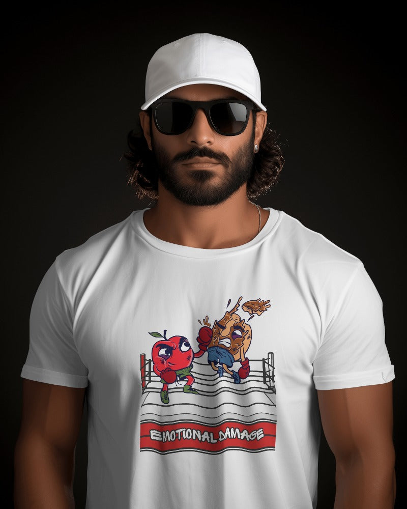 Unisex Classic Half Sleeves T-shirt - Apple Hitting Donut Design