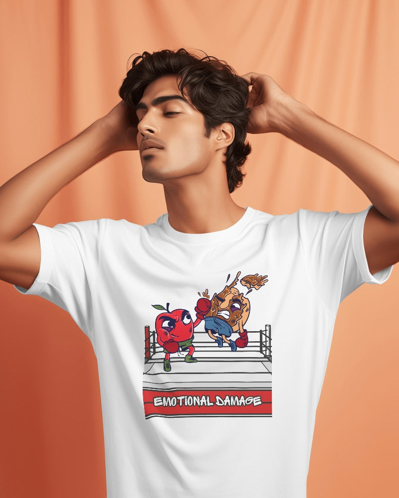 Unisex Classic Half Sleeves T-shirt - Apple Hitting Donut Design