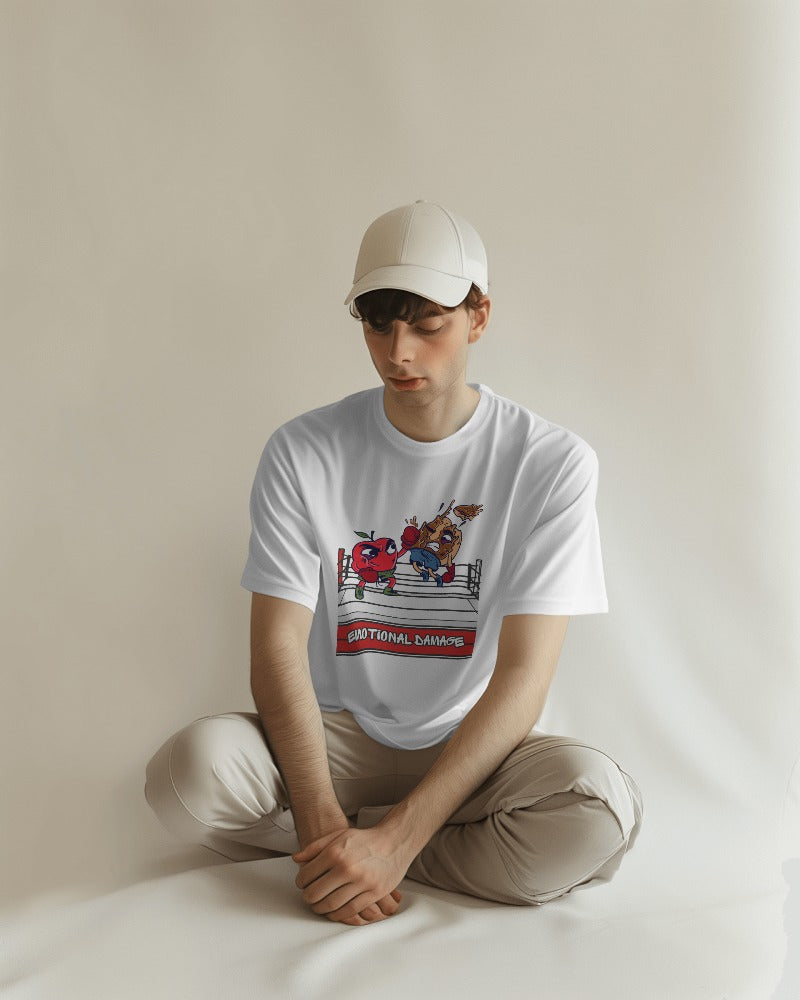 Unisex Classic Half Sleeves T-shirt - Apple Hitting Donut Design