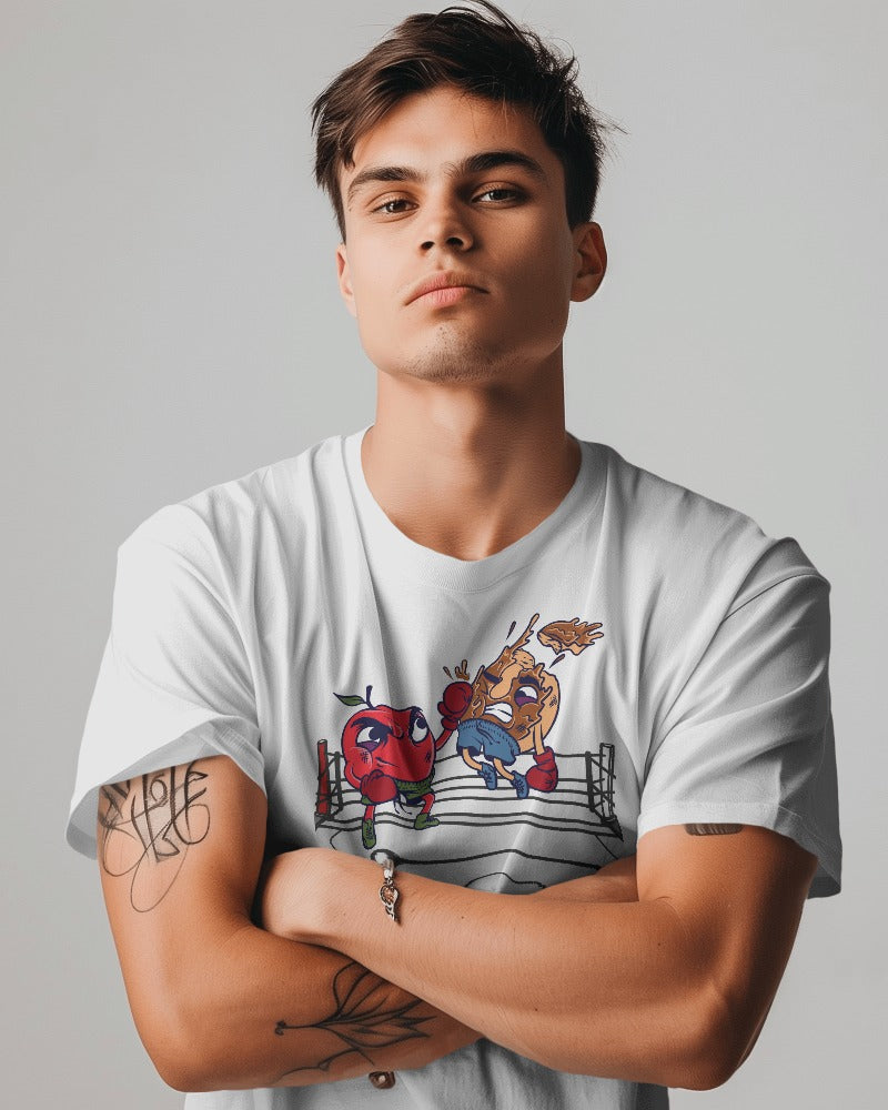 Unisex Classic Half Sleeves T-shirt - Apple Hitting Donut Design